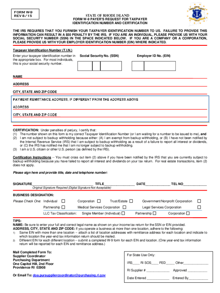 2015 2025 RI Form W 9 Fill Online Printable Fillable Blank PdfFiller