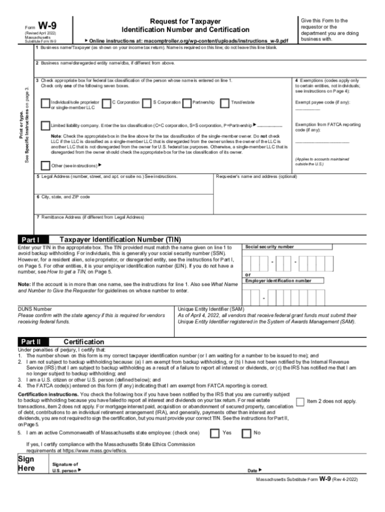 2022 2025 Form MA Substitute W 9 Fill Online Printable Fillable Blank PdfFiller