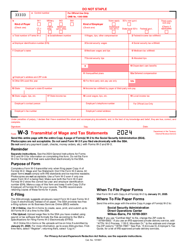 2024 Form IRS W 3 Fill Online Printable Fillable Blank PdfFiller