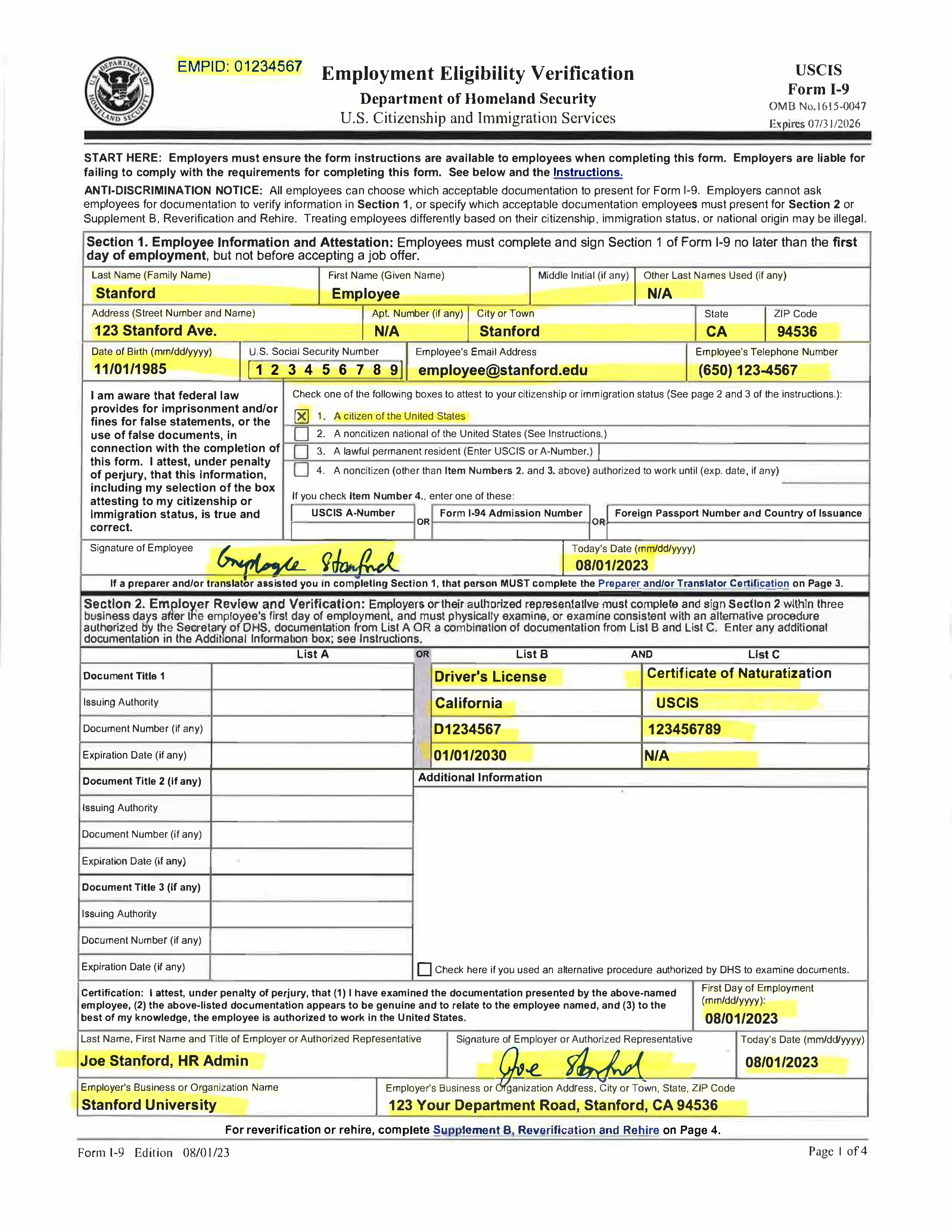 Examples Of Completed Form I 9 For Stanford