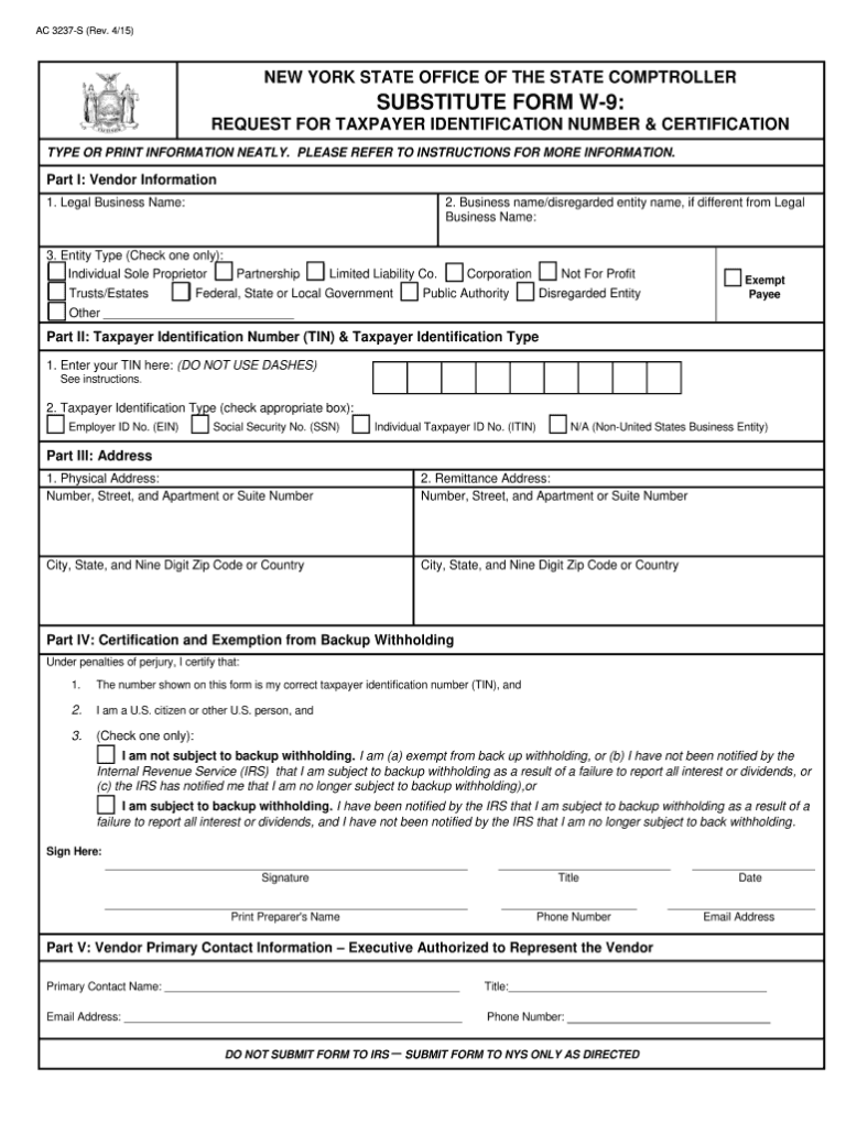 Fillable Online Osc State Ny Ny W 9 Blank 2015 Form Fax Email Print PdfFiller