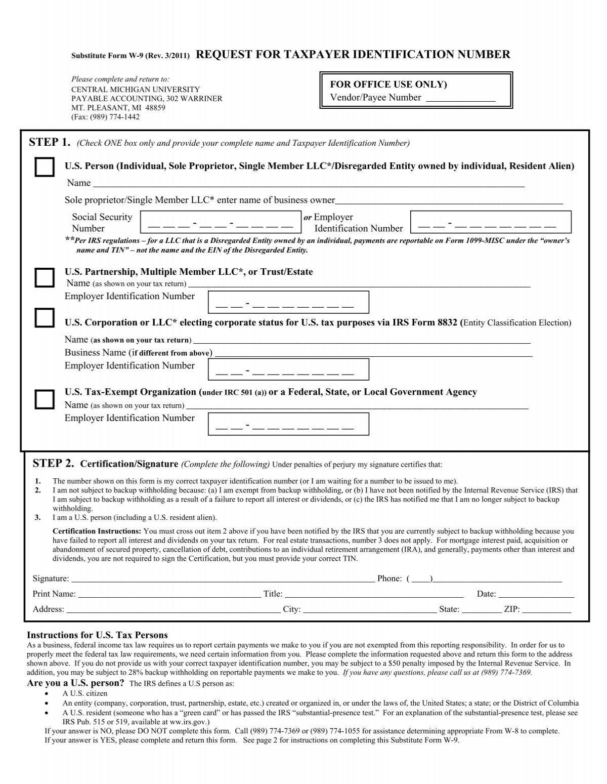 Substitute Form W 9 Central Michigan University